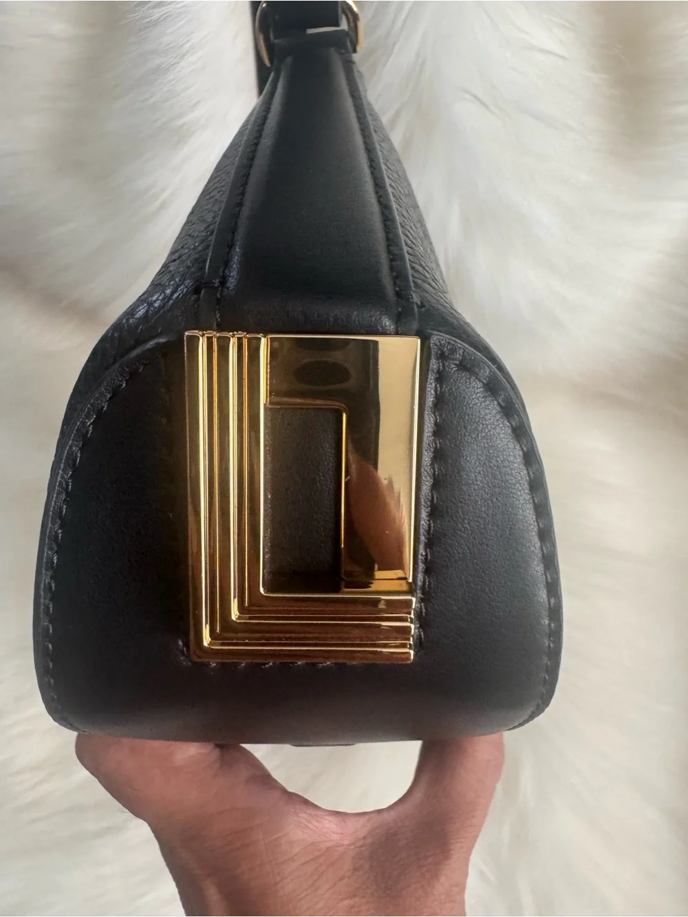 Karl Lagerfeld Black Pebbled Leather Crescent Shoulder Bag with Gold Hardware